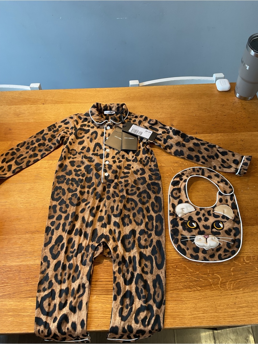 Dolce & Gabbana Leopard Print Baby One-Piece with Matching Bib - Brown and Black